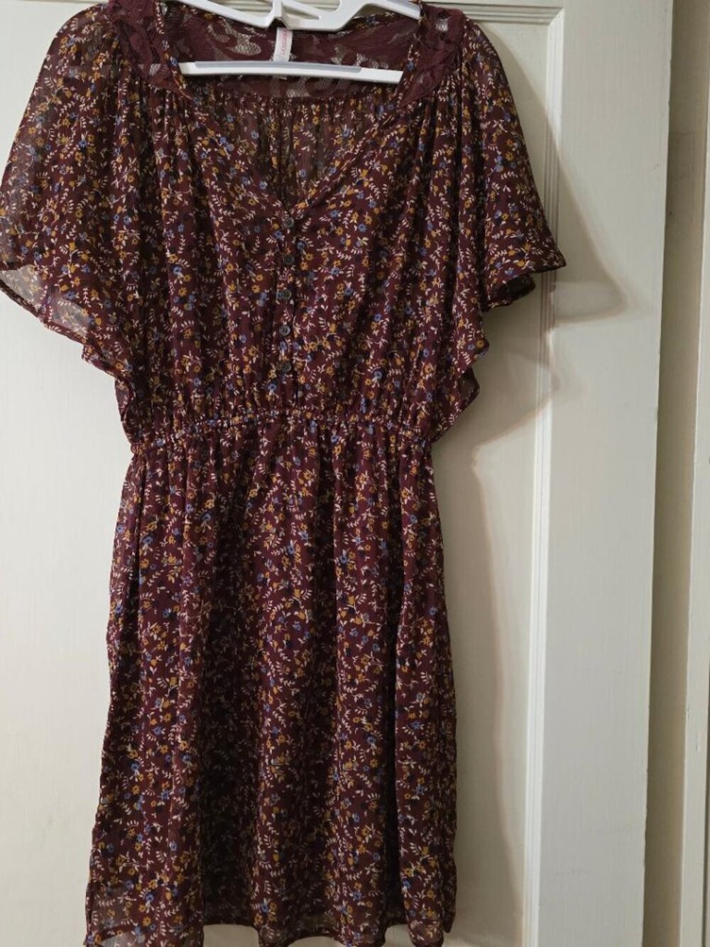 S Xhilaration Brown Maroon Romantic Ditzy Floral Print - Sheer Lined Midi Dress